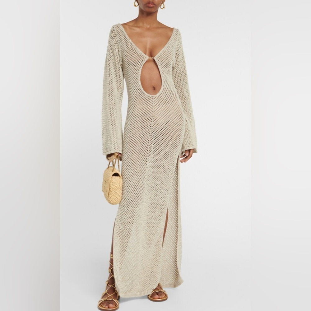 Beige Crochet Maxi Dress with Front Cutout